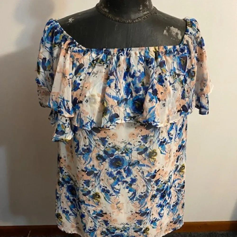 MOD Floral print, off the shoulder, ruffle top sleeveless blouse, size Small